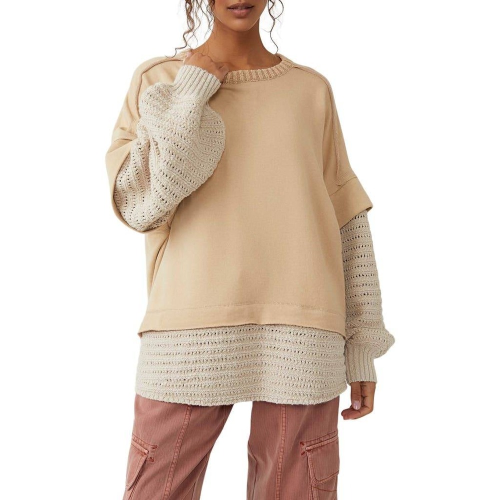 We The Free People Holly Twofer Pullover Sweater Womens Small Tan Mixed Media